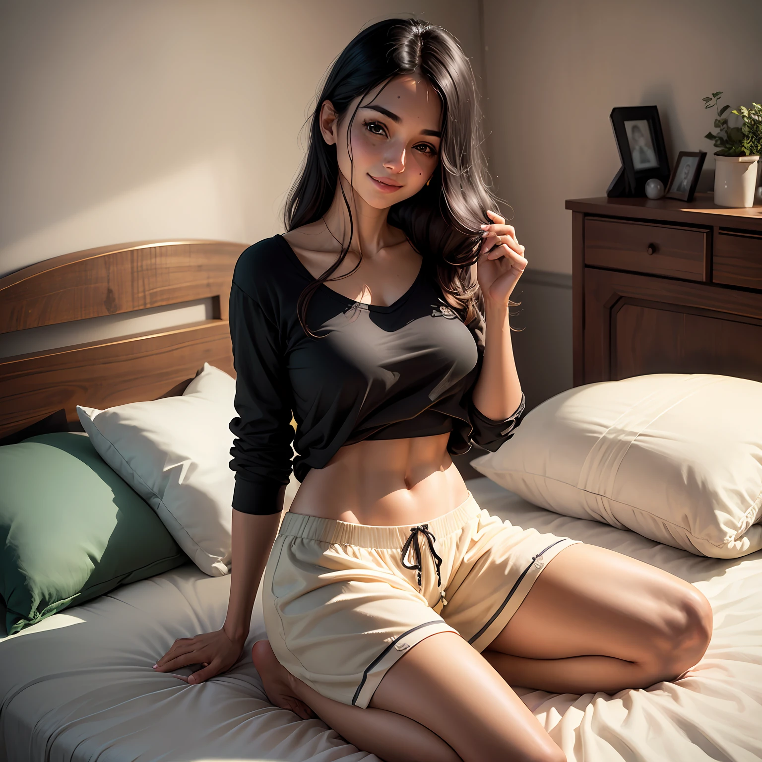 realistic photo of a beautiful girl named Sarah.
ela tem 23 anos, morena parda, corpo inteiro, vestida com um pijama solto, peso: 80 kilos. 
She's sitting on the bed, and has a beautiful sexy and friendly smile.
your Pelé is very smooth and beautiful. 


She has a small black spot on her left cachaça. --auto