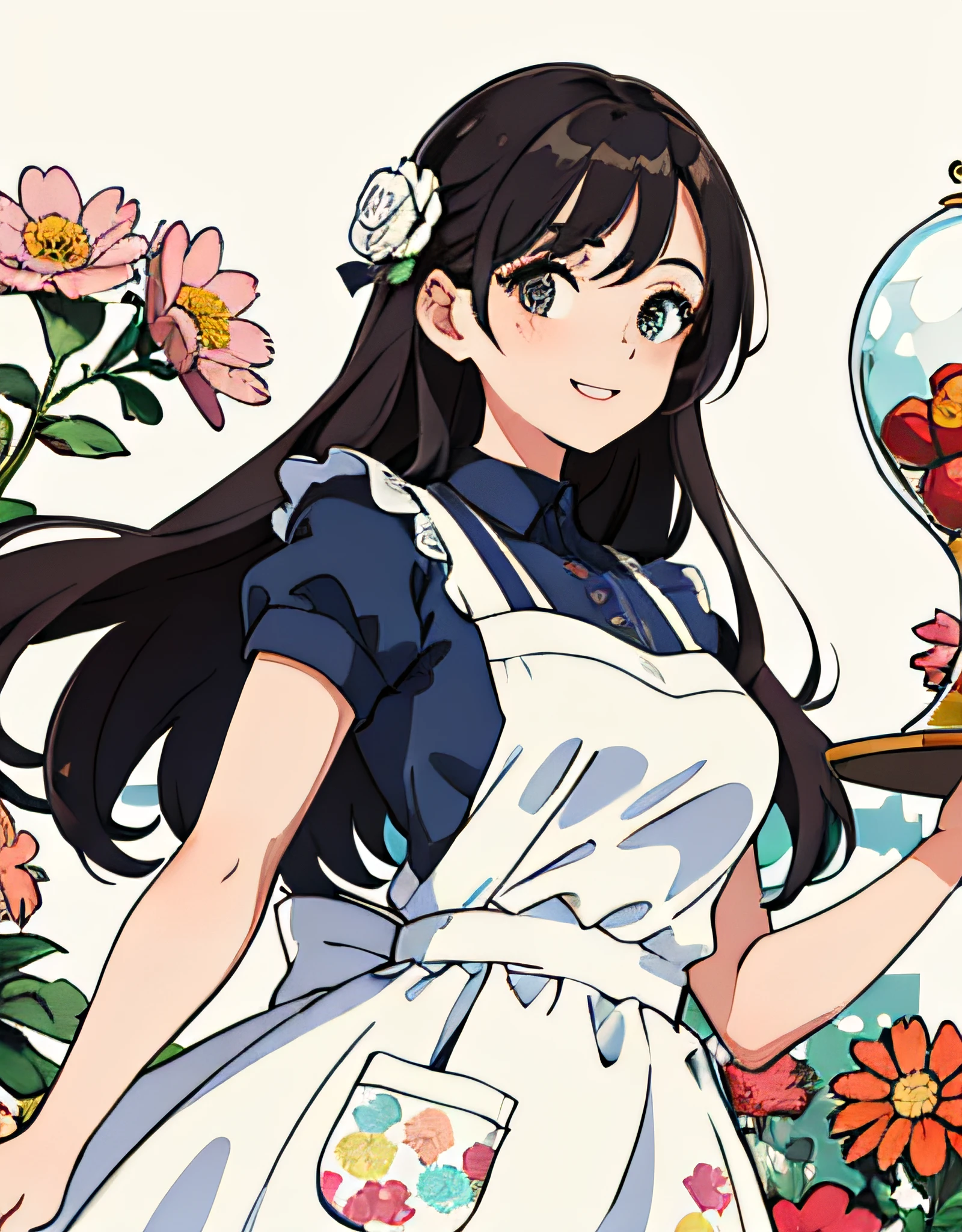 (Best Quality, Masterpiece), 1girl, 23 years old, stunning, cute, heartwarming smile, hourglass figure, wearing floral dress, pinny apron