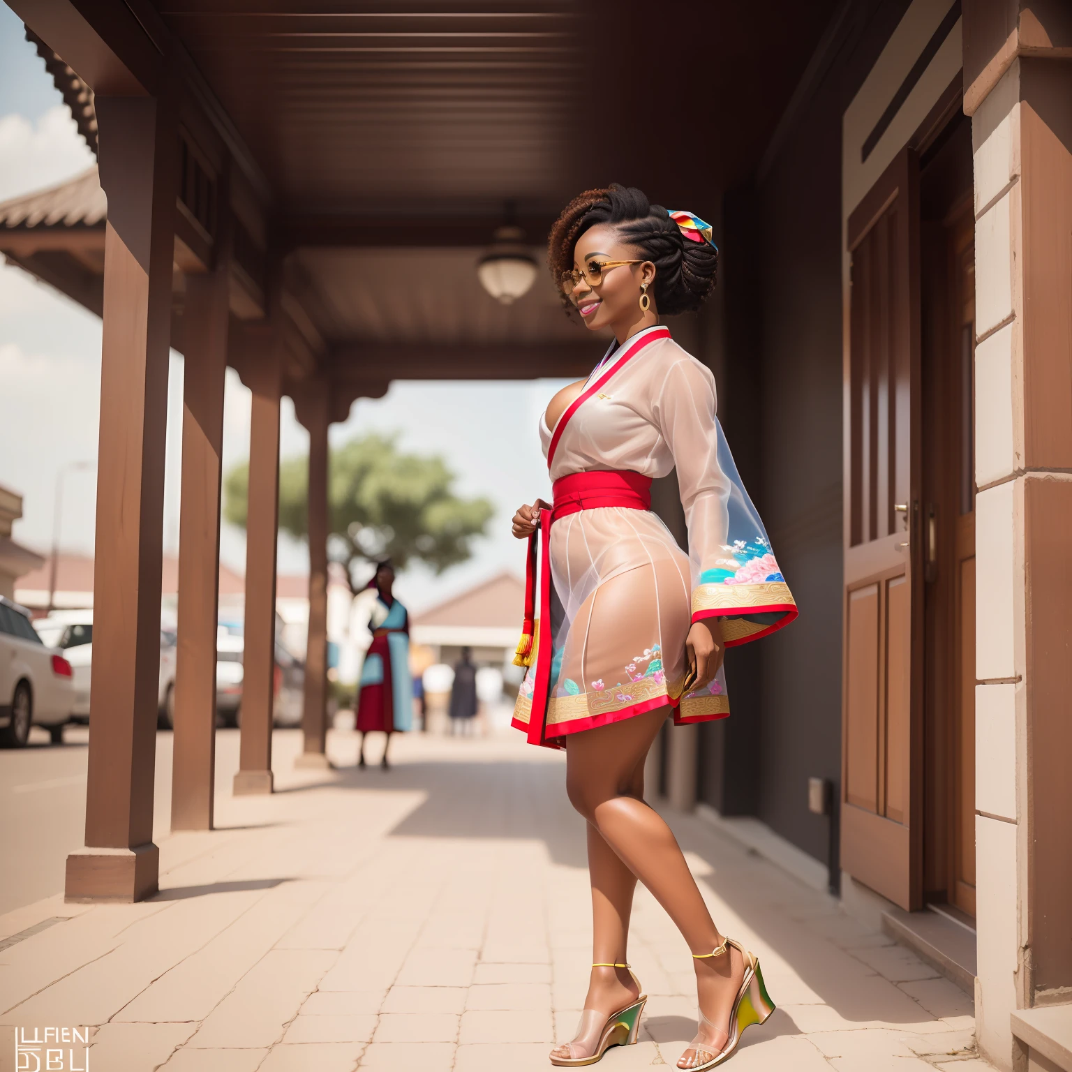 delicate, masterpiece, beautiful detailed, colourful, finely detailed,detailed lips, intricate details, (1 woman:1.1), (a gorgeous beautiful 30 age years old sexy Nigerian woman:1.1),(kpop idol, Igbo mixed), (tied hair:1.1), (50mm Sigma f/1.4 ZEISS lens, F1.4, 1/800s, ISO 100, photograpy:1.1), large breast,(photorealistic:1.1), solo, looking_at_viewer, tall female, ,happy smile, from_front, earrings, slim_legs, skinny, thigh_gap, model, lens flare, choker,(hanbok+see-through silhouette, wedge heels:1.3), Nigerian commentary, Nigerian_street, Igbo_traditional_house, standing position,