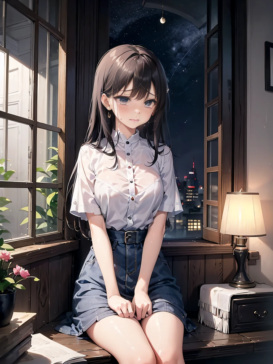 ,masterpiece, best quality,8k, ultra highres,A quiet night,A woman sits alone in front of the window。Outside the window is a bright starry sky,They were like those scattered memories in her heart,Shining and distant。The woman gently stroked the glass window,The eyes are affectionate and sad。She had tears on her face,Thinking of someone who has left。
