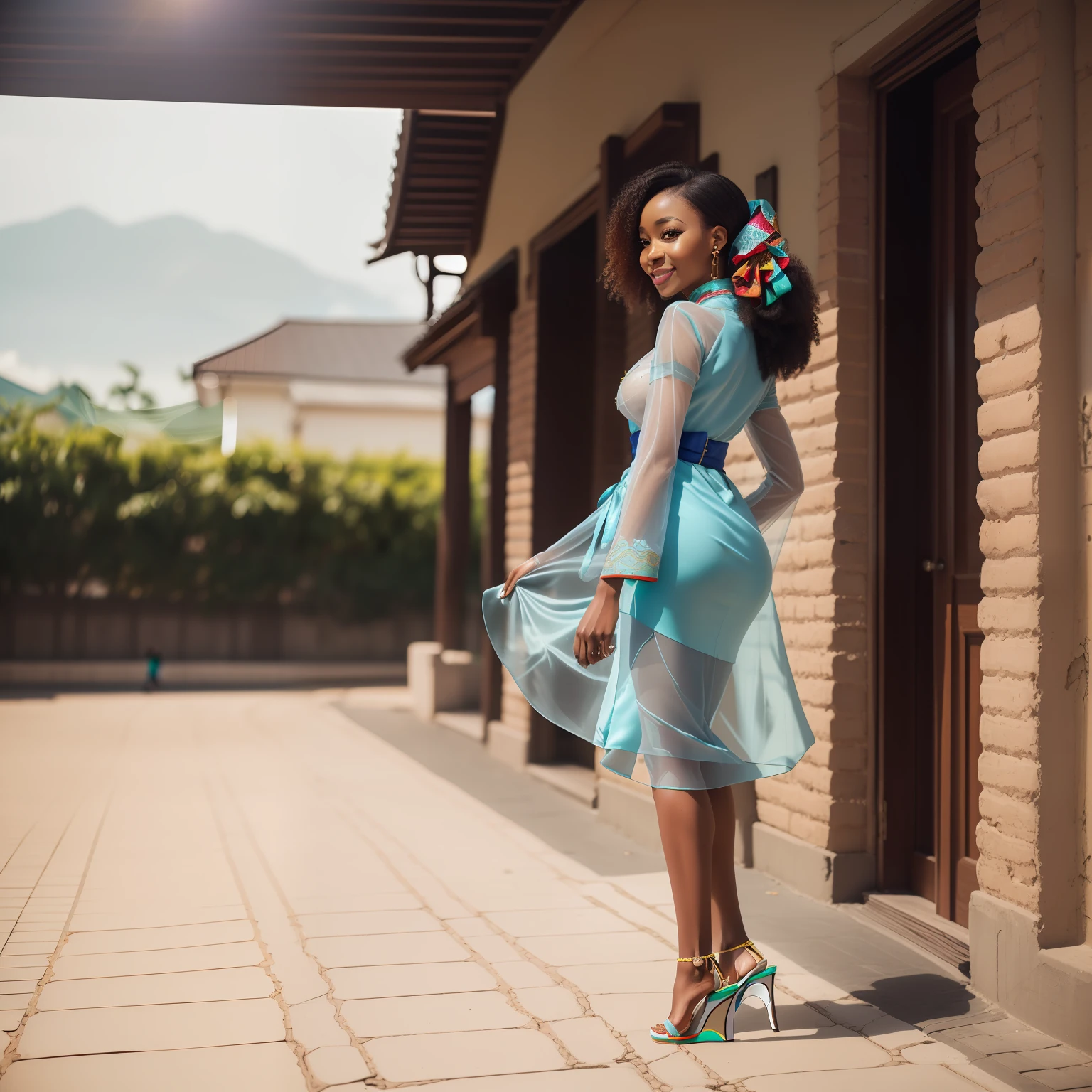 delicate, masterpiece, beautiful detailed, colourful, finely detailed,detailed lips, intricate details, (1 woman:1.1), (a gorgeous beautiful 30 age years old sexy Nigerian woman:1.1),(kpop idol, Igbo mixed), (tied hair:1.1), (50mm Sigma f/1.4 ZEISS lens, F1.4, 1/800s, ISO 100, photograpy:1.1), large breast,(photorealistic:1.1), solo, looking_at_viewer, tall female, ,happy smile, from_front, earrings, slim_legs, skinny, thigh_gap, model, lens flare, choker,(hanbok+see-through silhouette, wedge heels:1.3), Nigerian commentary, Nigerian_street, Igbo_traditional_house, standing position,
