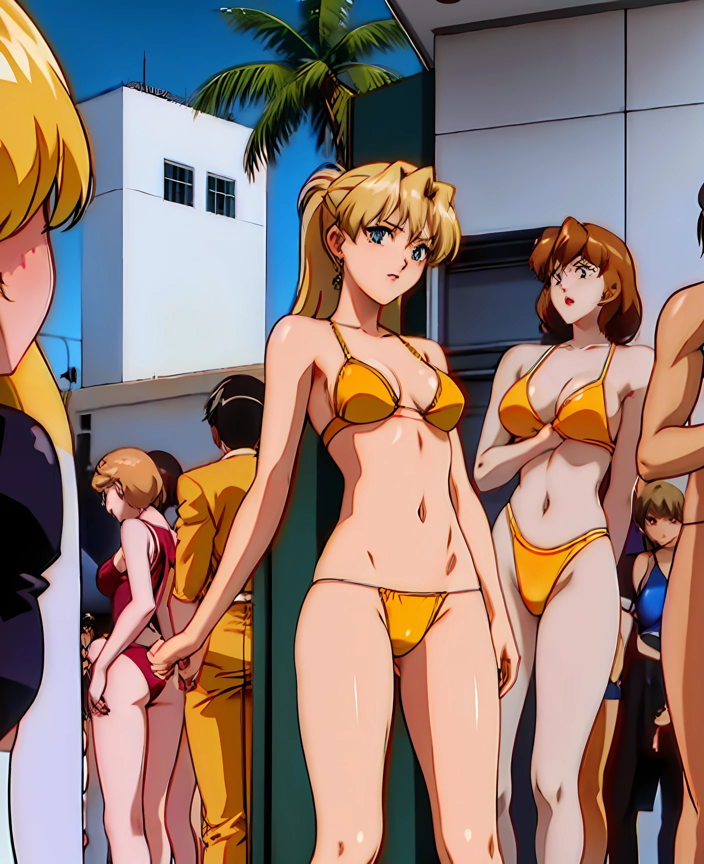 (Thousands of, crowd of), +10girls, only girls, masterpiece, best quality, extremely detailed 8K wallpaper, skin tight, ultra detailed, volumetric lighting, best anatomy, detailed eyes, beautiful eyes, best shadow, retro artstyle, 1990s (style), anime screencap , screencap, beach, sand, palm trees, town in the background, blonde girls, yellow hair, long hair, blue eyes, bikini, only bikinis,crowd shot, ponytail, crowded