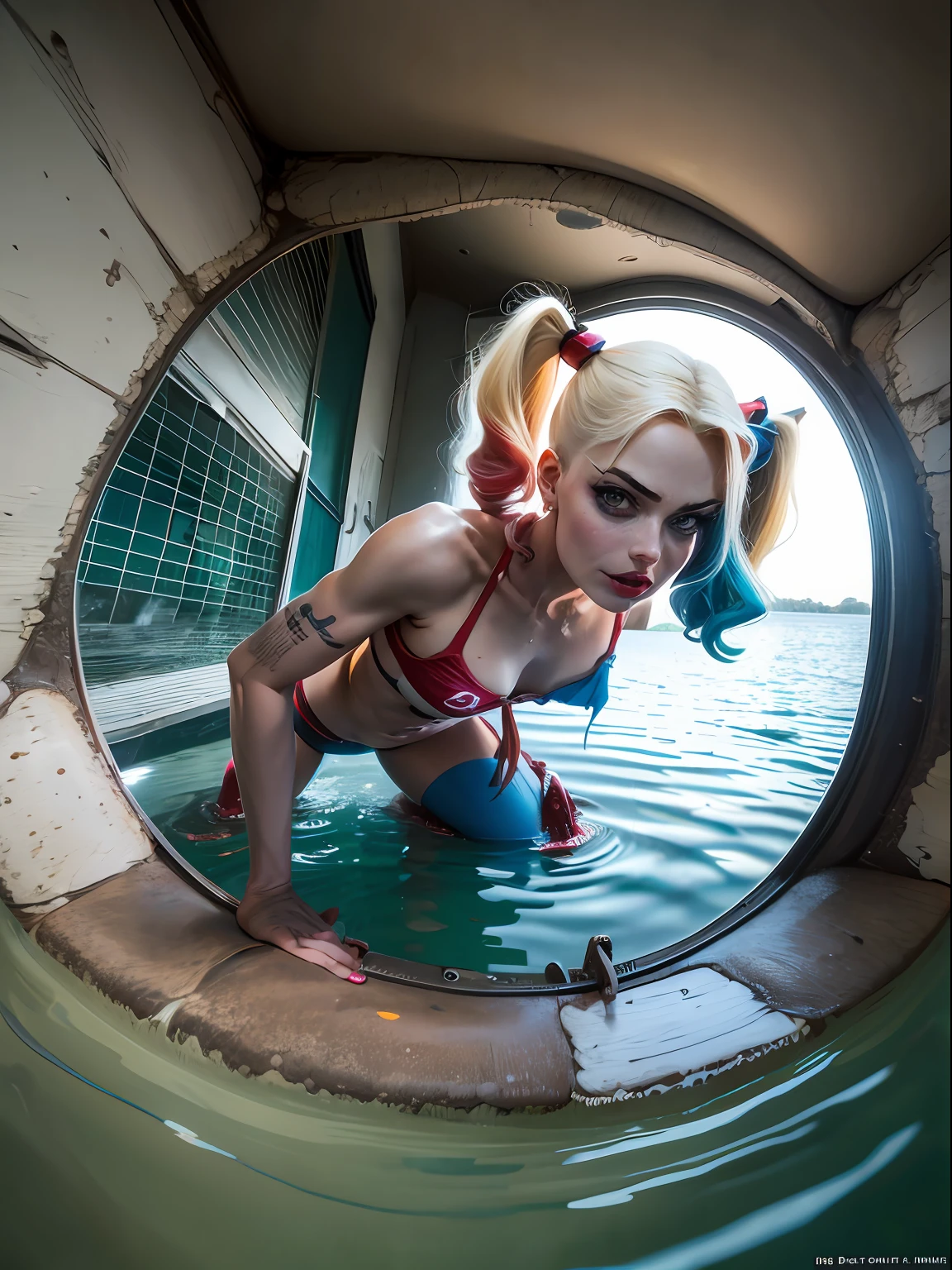 Harley Quinn, of harley quinn， squatting on the ground, Legs spread, (the camera is from bottom to top) , elevation, Bright big moon, Water's Edge, The water reflects the body，missionary vaginal，