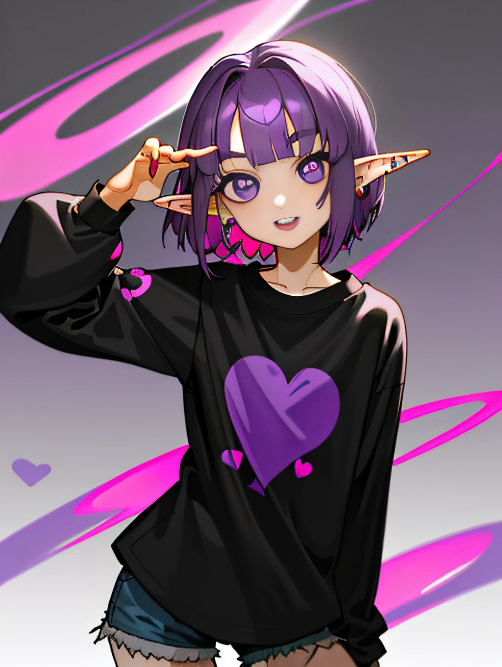 ((Masterpiece,Best quality)),1girll, , Solo,ears of elf, heart earrings, heart - shaped pupils, Short hair, ((Purple hair)), a pink streak on the bangs, ((a gap between the teeth)), Long black t shirt, Long sleeves, shorts with chain, full bodyesbian,((poison fangs))