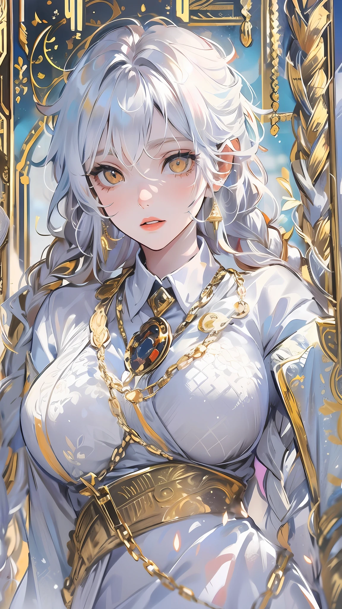best quality, masterpiece,white hair, gold eyes,white clothes, looking up, upper body,hair strand,Fair skin,side braids