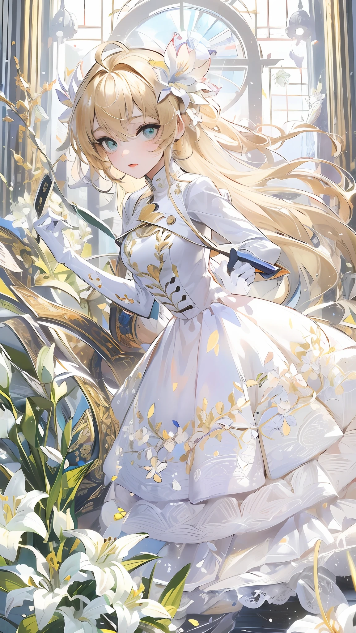 Best quality, highly detailed, masterpiece, ultra-detailed, solo, (1girl), (delicate eyes), (white background: 1.3), lily_ \ (flower), saber_lily, blonde_hair, ahoge, green_eyes, white_gloves, pantyhose, hair_bow, white dress, wariza,