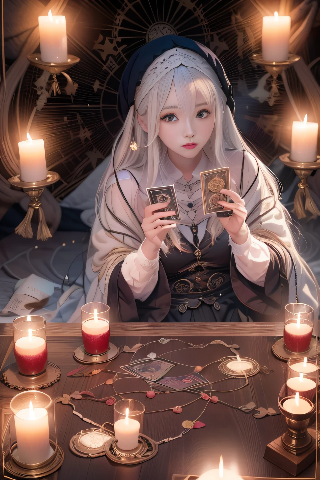 Mysterious woman doing tarot reading,Tarot Reading,cute  face,Blunt bangs, Straight hair, Shiny hair,Medieval mystery clothes,Mysterious fortune teller,Mysterious hermit,White Magician,magical lights,albino,Red Eyes,Red glowing eyes,The Power of Magic,