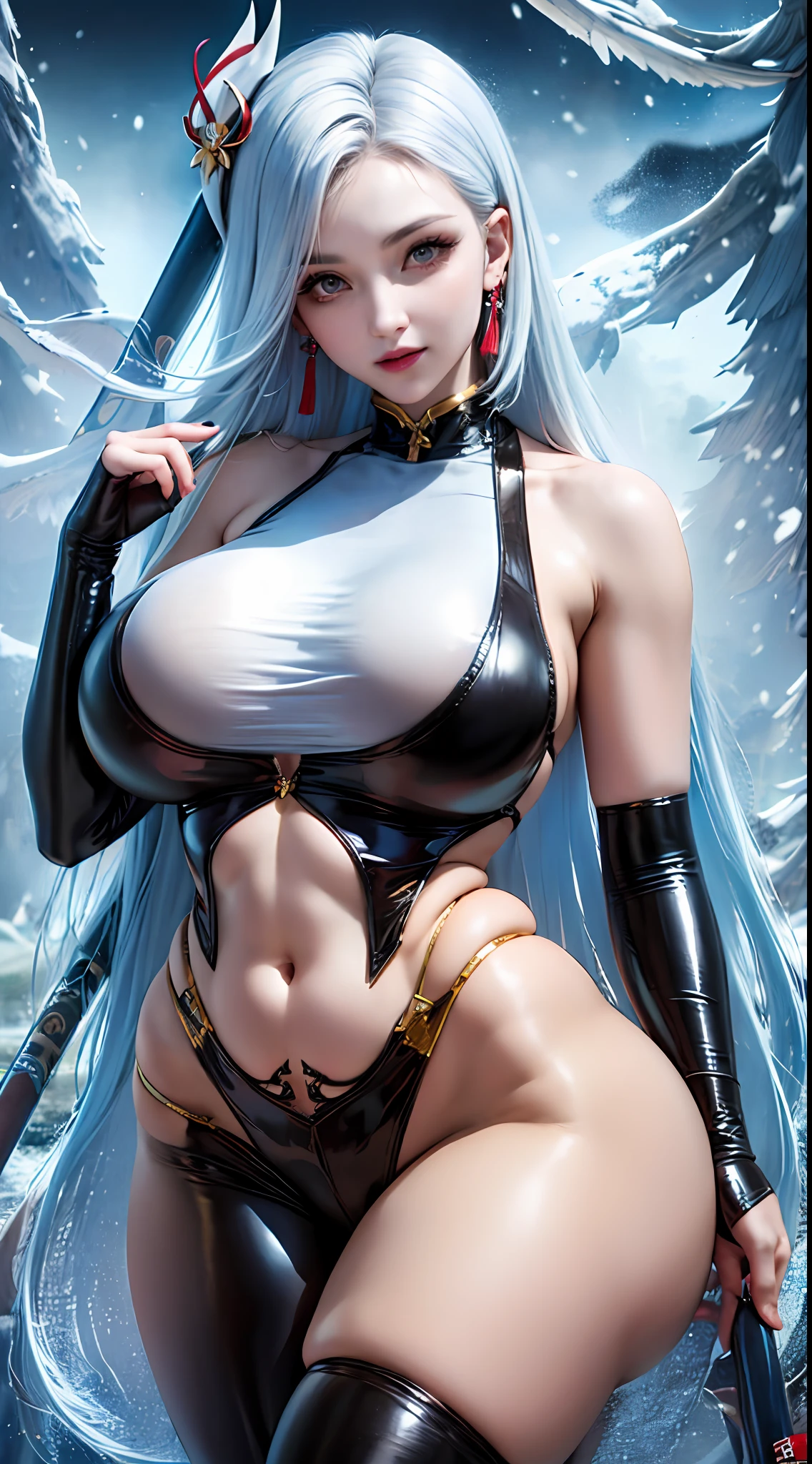 1girl, gigantic breasts, sharp focus, pixiv masterpiece, ((intricate details)), highly detailed vanusbody ,looking at viewer 8k, uhd, unreal engine render,  juicy thick thighs, shiny skin, smooth skin, thin waist, soft muscled, (highres), (absurdres), (best quality), (high quality), (masterpiece), 1girl, shenhe \(genshin impact\), long hair, silver hair, hair over one eye, single braid, rainbow eyes, chinese clothes, polearm, underboob cutout, breast curtains, elbow gloves, jewelry, looking at viewer, hair ornament, tassel earrings, fantasy, outdoors, storm, snow, snowing, ice,