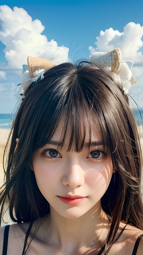 (masterpiece, best quality, beautiful girl, pretty face:1.5), (upper body, bangs, smile:1.2), small waist, (simple background:1.4), beach, (horizon, beautiful sea, sky, sunny day:1.2), bikini, facelight, 8k, official art, raw photo, incredibly absurdres, depth of field, looking at viewer, ultra realistic, highres, photography, film grain, chromatic aberration, sharp focus, bokeh background, dynamic lighting, highest detailed, extreme detailed, ultra detailed, finely detail, extremely detailed eyes and face