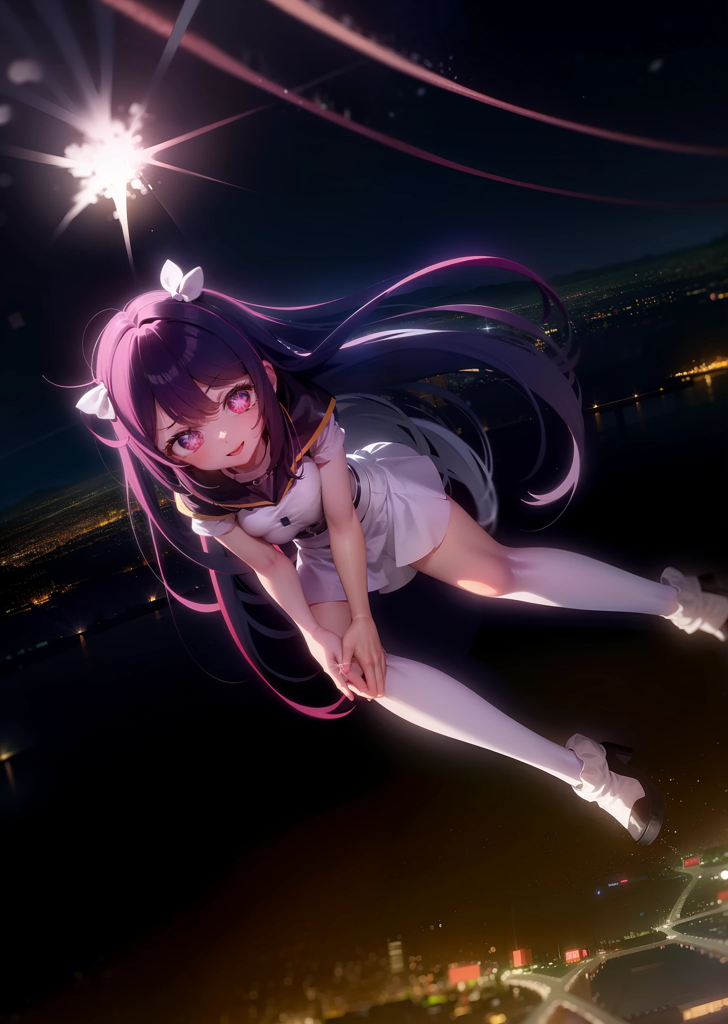 Anime character Hashino Ai with starry eyes in a beautiful night city.