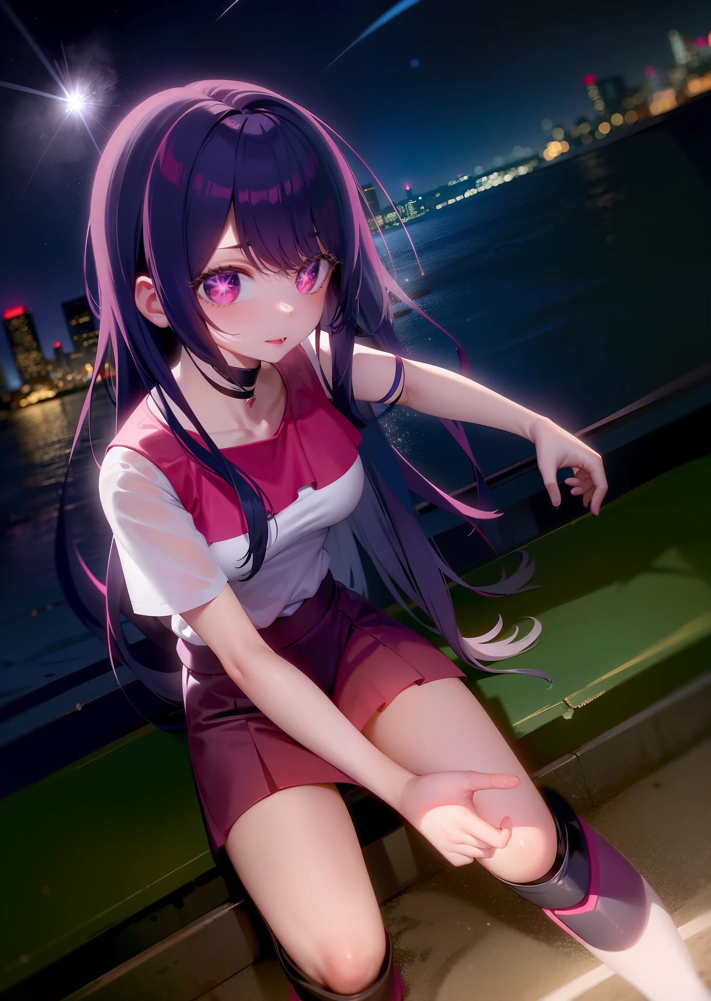 Anime character Hashino Ai with starry eyes in a beautiful night city.