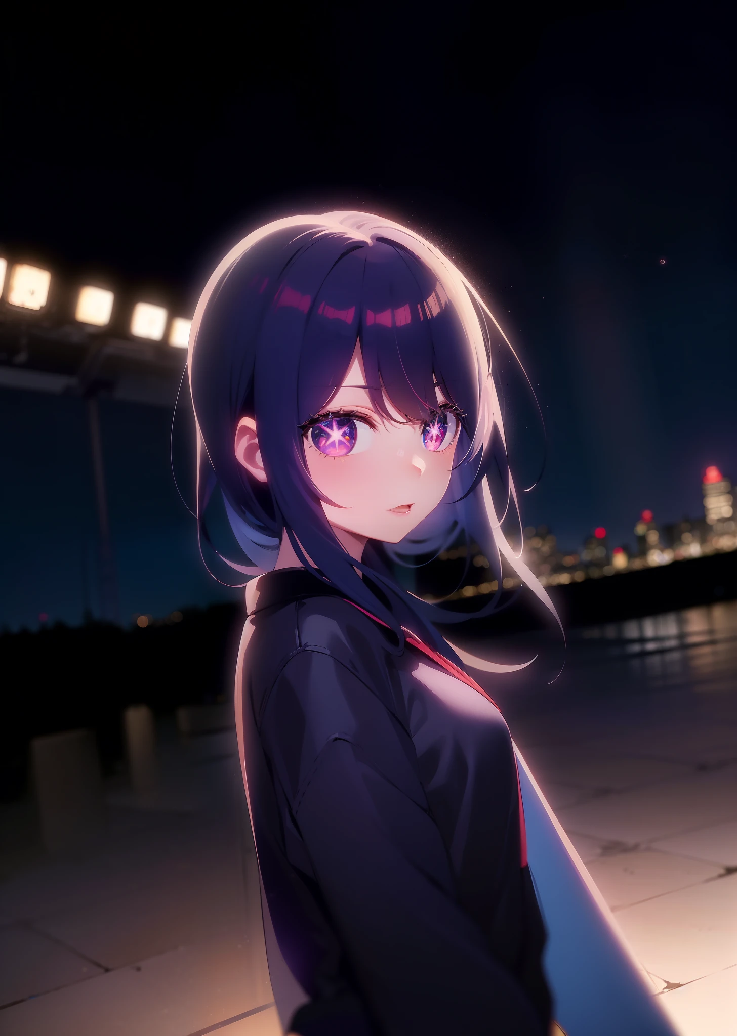 Anime character Hashino Ai with starry eyes in a beautiful night city.