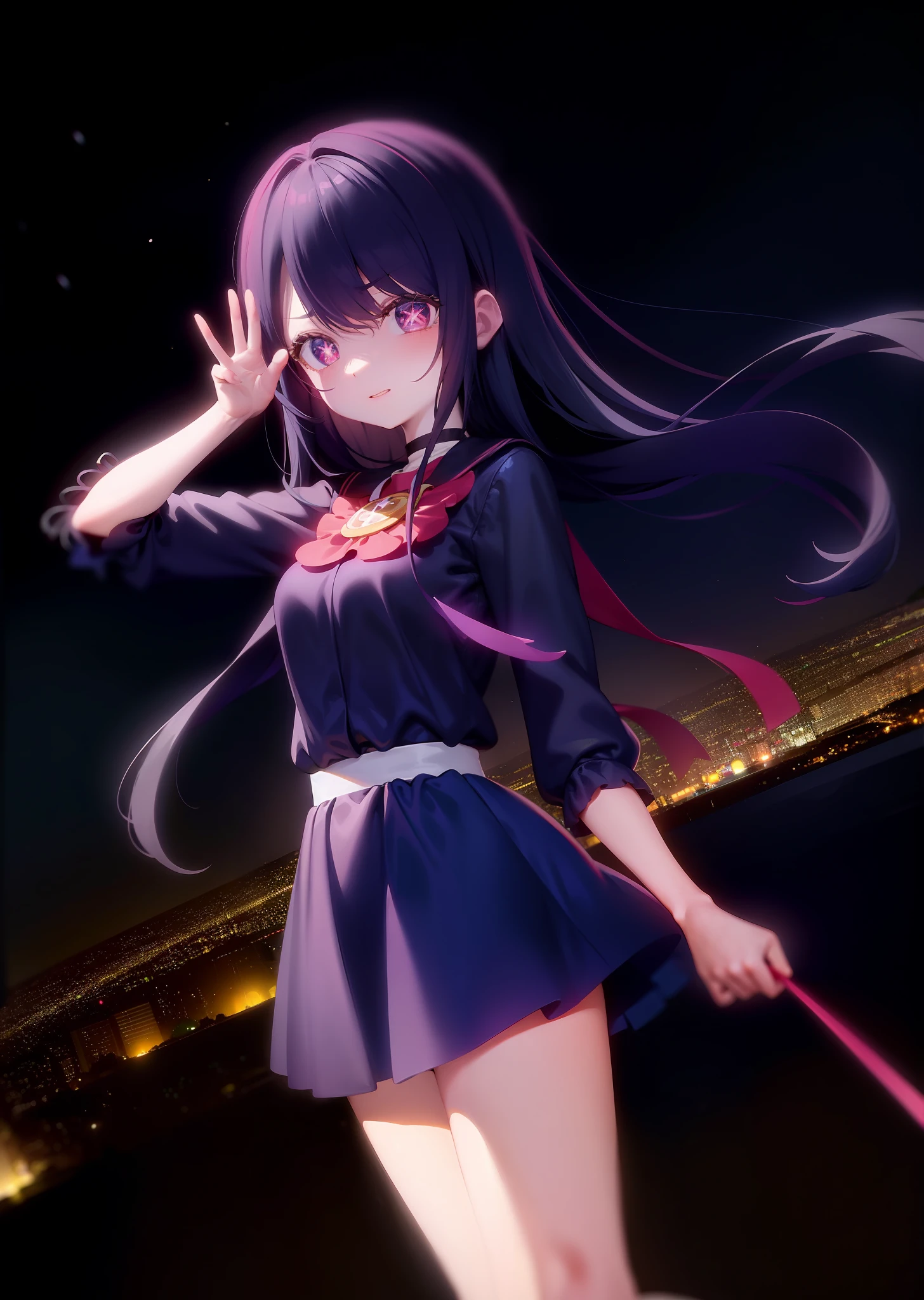 Anime character Hashino Ai with starry eyes in a beautiful night city.