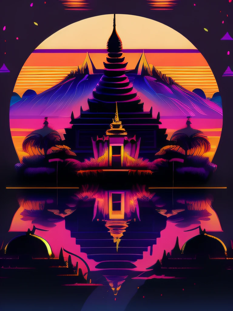 myanmar pagoda, bagan pagodas and sun, vectorized, synthwave, purple blue red orange, bright neon colors on a dark background,