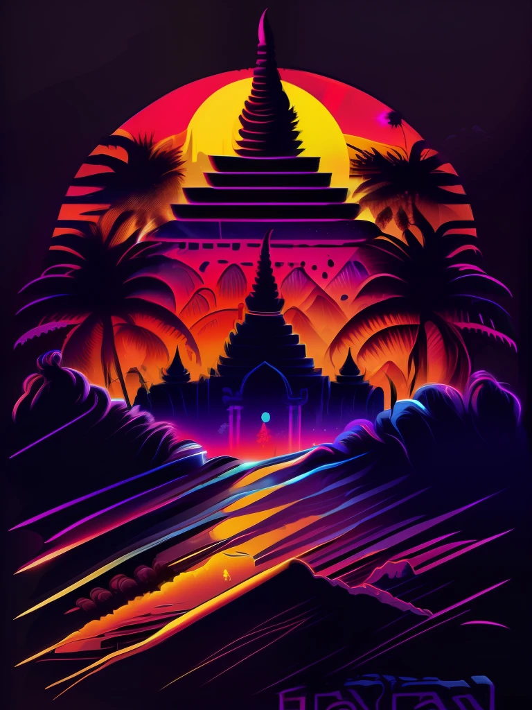 myanmar pagoda, bagan pagodas and sun, vectorized, synthwave, purple blue red orange, bright neon colors on a dark background,