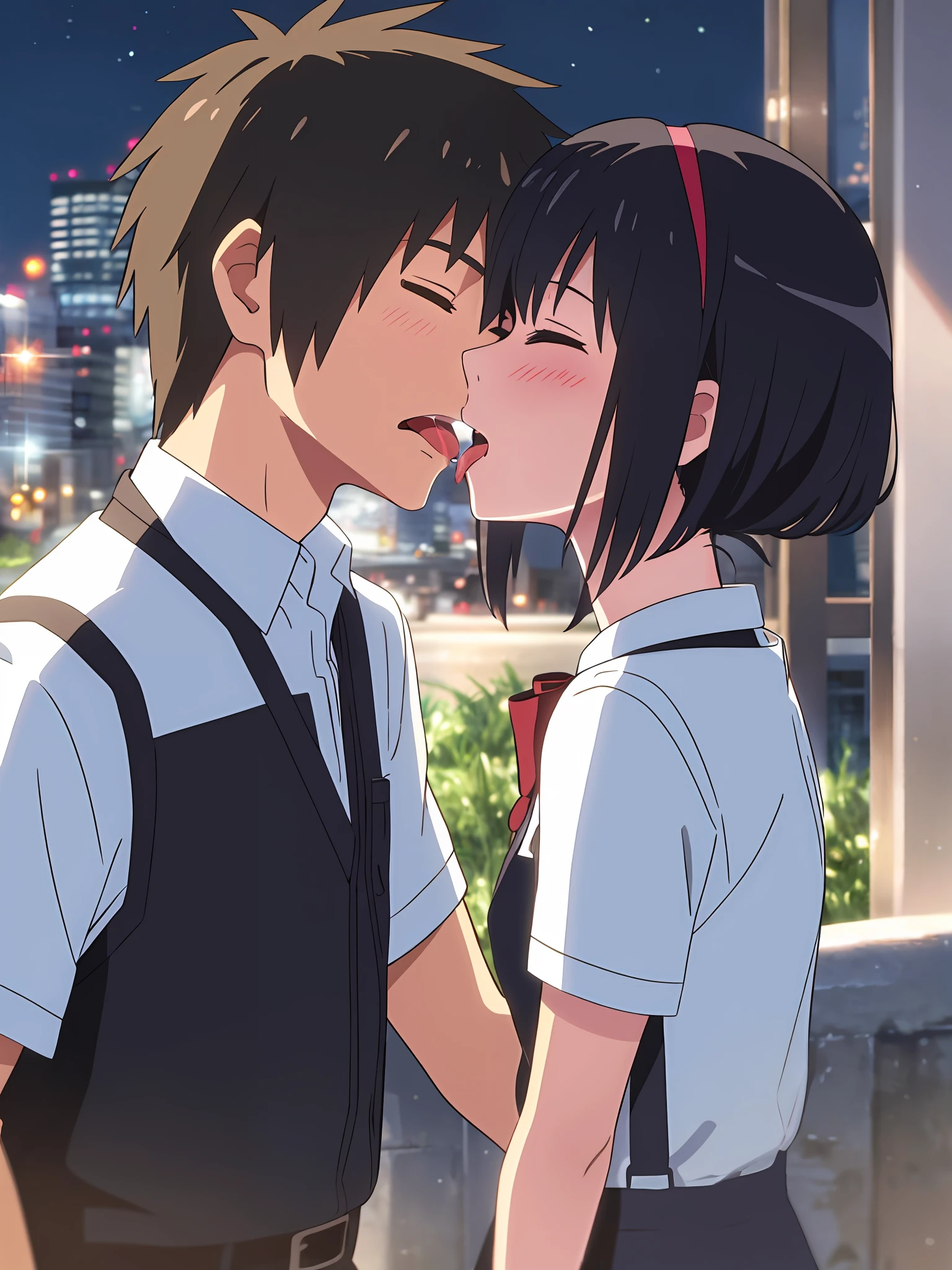 shinkai makoto, kimi no na wa., 1girl, 1boy, bangs, black hair, blush, Suspender Clothes, red bow, red headband, red ribbon, short hair, cute, love, couple, adorable, short sleeves, dating, open mouth, sigh, deep kiss, tongue kiss, saliva, closed eyes, Night, Nightview, sparkle, Outdoors, bracelet, passionate