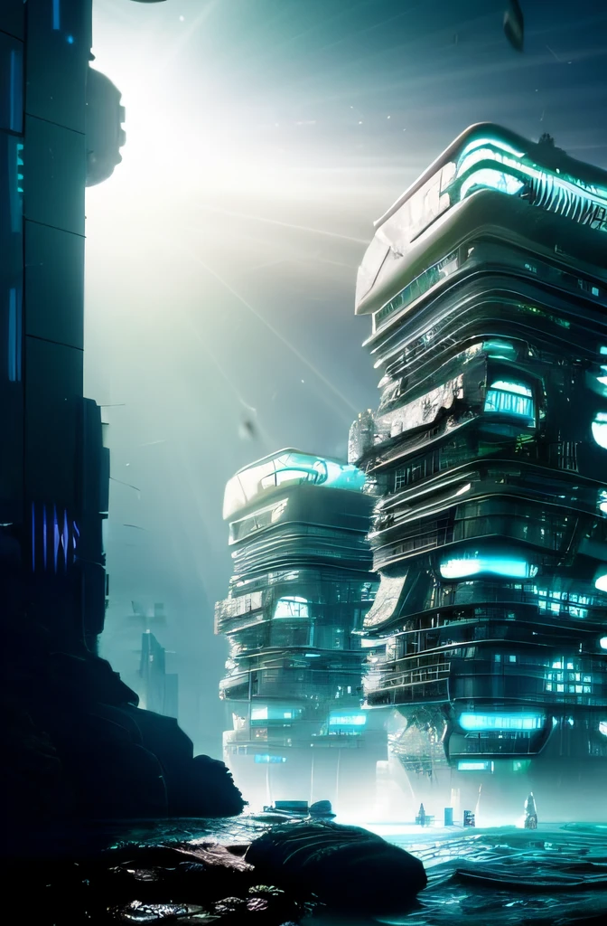 ((Masterpiece, Best quality)), 8K, modern architectural style, photographrealistic, hyperedetailed photo, Deep in the sea, There are fish,Ruined city, with light glowing,cyber punk perssonage,