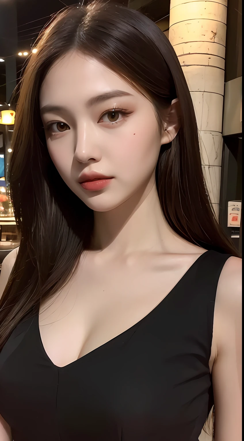 (Best quality, High resolution, Masterpiece :1.3), A pretty woman, Slender figure, Dark brown hair, black dress, (Restaurant  at night), Highly detailed face and skin texture, Detailed eyes, Double eyelid