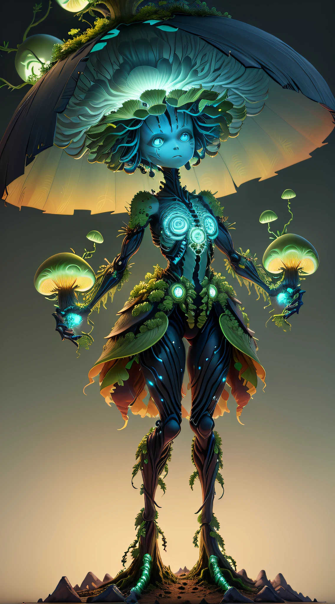 Generate an image of a creature with a humanoid body structure, but composed primarily of fungal elements. Its head resembles a large, dome-shaped mushroom cap, adorned with a pattern of glowing spots. Its arms are long, flexible tendrils sprouting from the shoulders, capable of manipulation like human hands. Instead of legs, it has a single, thick, tree-like stem rooted in the ground. Its face is a cluster of small, bioluminescent orbs embedded in the underside of the cap, arranged in a manner reminiscent of human facial features.