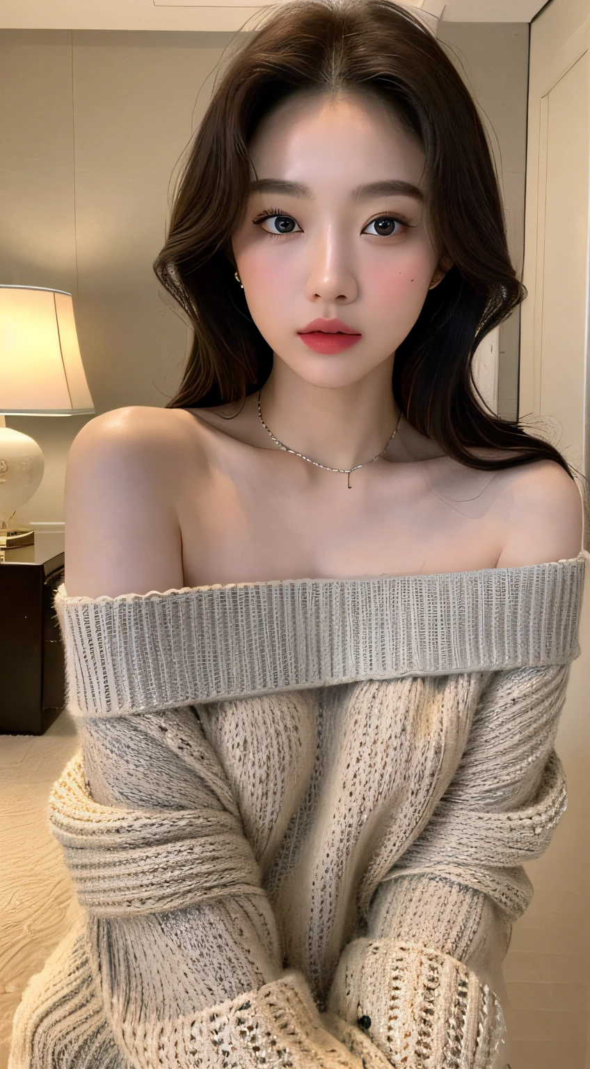 best quality ,masterpiece,ultra high res,(photo realistic:1.4), 1 girl, looking at viewer, Wearing oversized off-shoulder knit, korean famous actress, very beautiful,kawaii, Cinematic, 35mm lens, f/ 1. 8, accent lighting, 8k, at luxury hotel