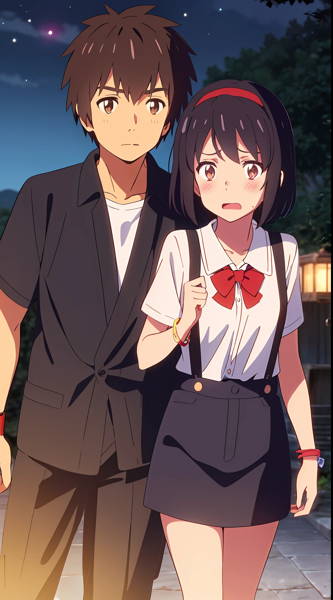 shinkai makoto, kimi no na wa., 1girl, 1boy, bangs, black hair, blush, brown eyes, Suspender Clothes, looking at the viewer, Clavicle, red bow, red headband, red ribbon, short hair, cute, couple, short sleeves, open mouth, Night, Nightview, Outdoors, Fighting Stance, Despair Face, bracelet