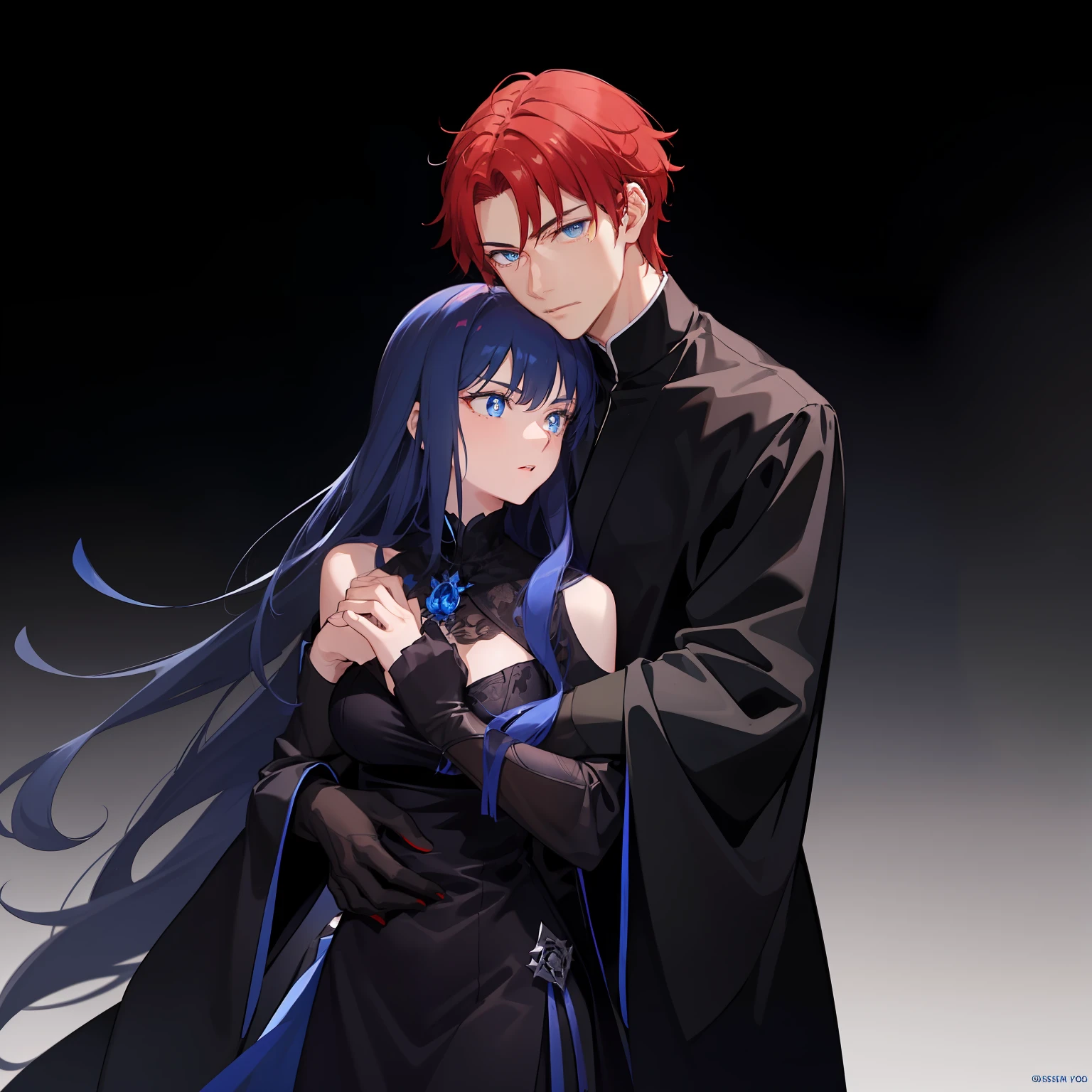 1 man，sharp looking blue eyes，Sharp pupils，Black sharp hair，He wears a black robe，Intimate hug with his red-eyed, blue-haired wife（（41 year old face））