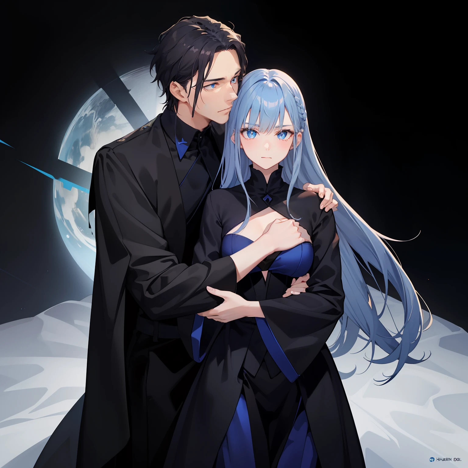 1 man,sharp looking blue eyes,Sharp pupils,Black sharp hair,He wears a black robe,Intimate hug with his red-eyed, blue-haired wife((41 year old face))