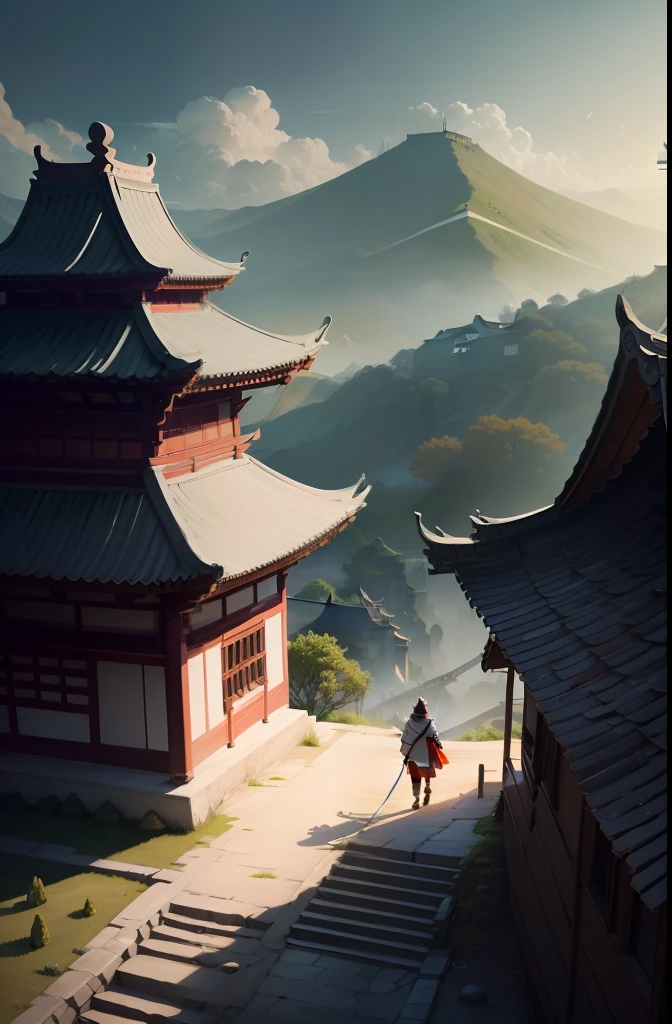 The angle of 45 degrees in the sky，The lone swordsman walks towards the distant landscape, The ancient Chinese attic is behind the swordsman,The attic is only on the right side of the picture，The upstairs was empty, The wind blowing in the distance ruffled the hem of the swordsman's clothes, There is a clearing around the swordsman，Only close to the picture is an empty colorful antique loft，The red-walled uva is brightly colored，The swordsman is lonely and dashing，The wind blew his clothes long, long