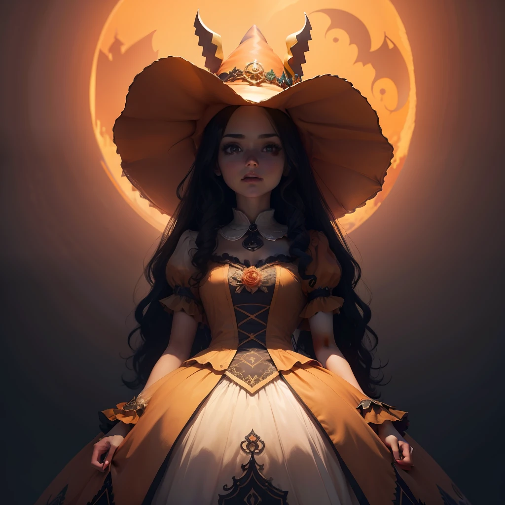 Un llamativo, foto altamente realista de una mujer vestida como Phantump #0708 de Pokemon y una diadema de calabaza , with a vibrant representation of the costume and a haunting backdrop.