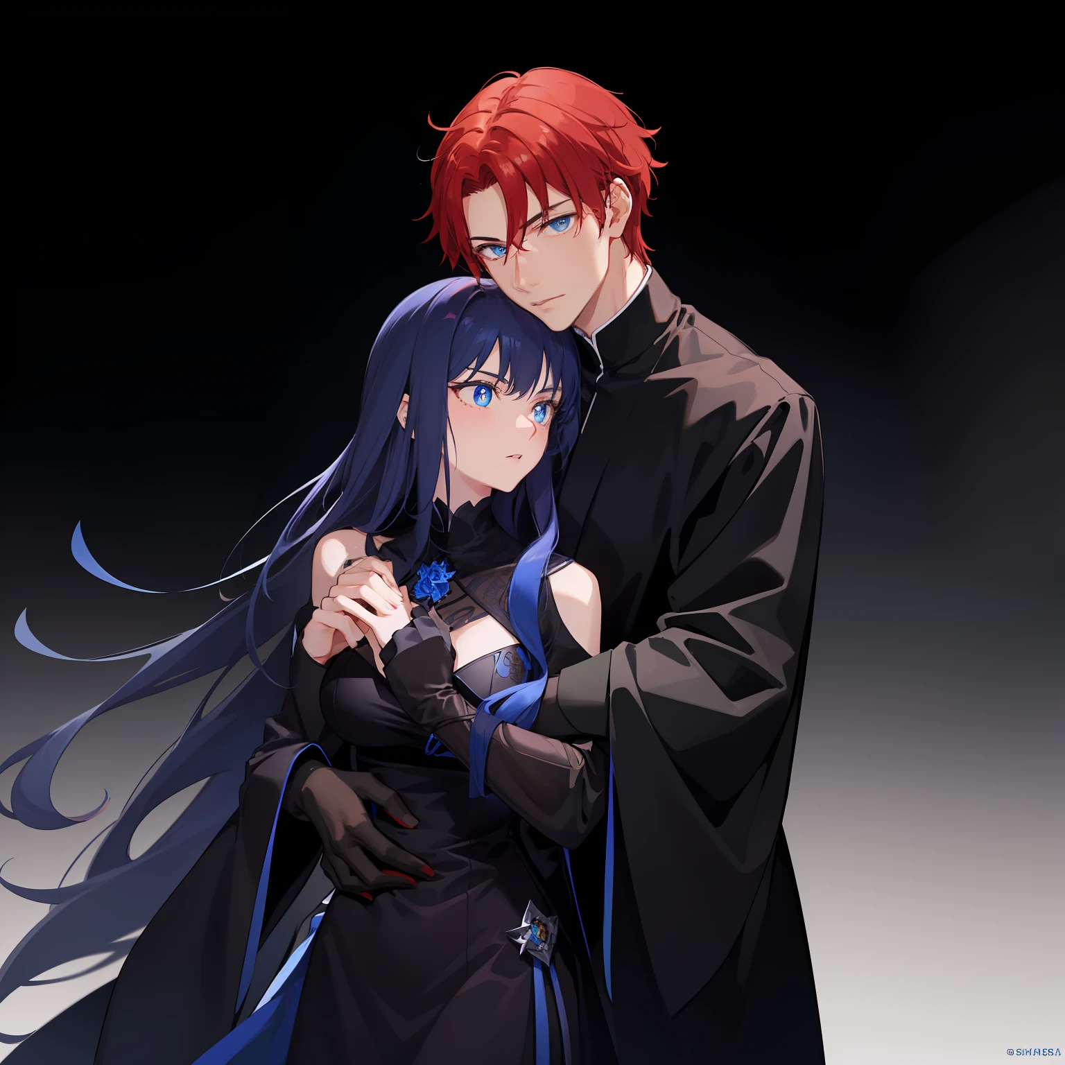 1 man，sharp looking blue eyes，Sharp pupils，Black sharp hair，He wears a black robe，Intimate hug with his red-eyed, blue-haired wife（（41 year old face））