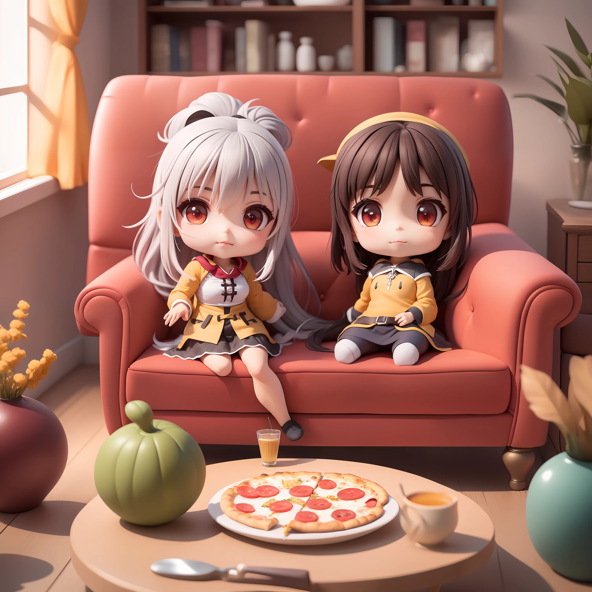 (obra-prima),(melhor qualidade),(Garota nua ultra-detalhado), (corpo inteiro: 1.2), 1girl(Megumin_Konosuba), Chibi,Pescador, sorrir, corte de cabelo curto castanho, red eyes, brinco, camisa vermelha, saia vermelha, meias de renda, (sitting on the red couch), postura sedutora, sorrir, An elegant pizza table sits in front of the sofa and some decorative items are placed on the shelves, (rosto bonito e detalhado), (lindos olhos detalhados),