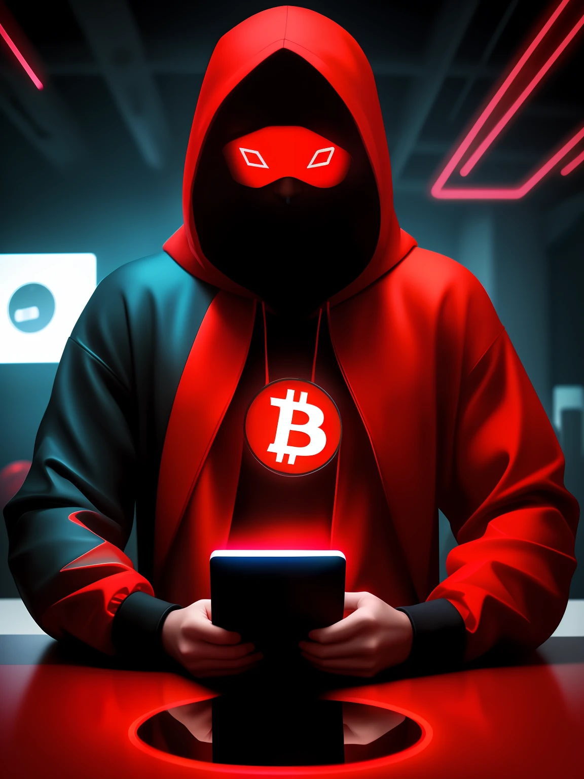 Estilo NeonNinja, close-up of a person with a red hood there is a large ball in the middle of a room, close-up of an electronic device on a table , Bitcoin symbol
