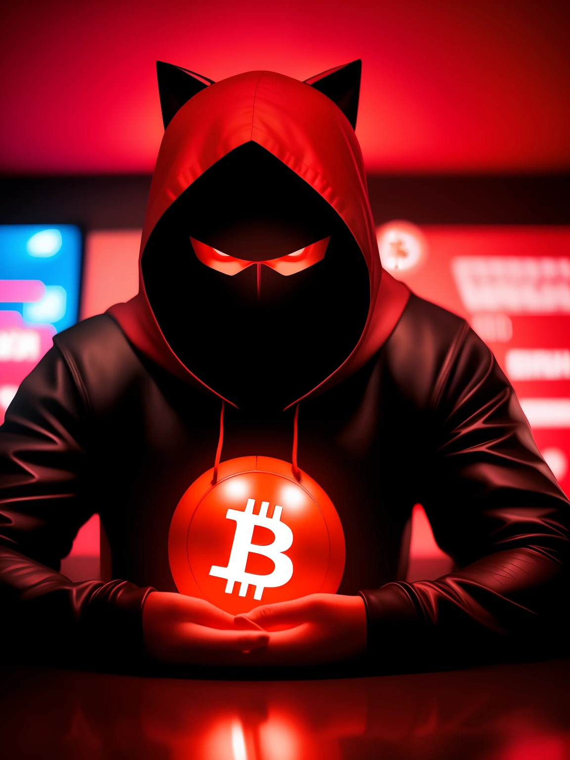 Estilo NeonNinja, close-up of a person with a red hood there is a large ball in the middle of a room, close-up of an electronic device on a table , Bitcoin symbol