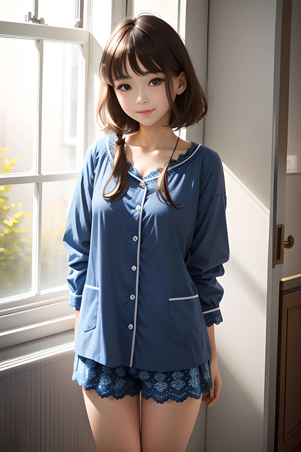 Girl standing in front of the window,22 year old,ssmile,dimple,realisticlying,she is wearing short pants,Wearing blue pajamas,Lace,brown hair。