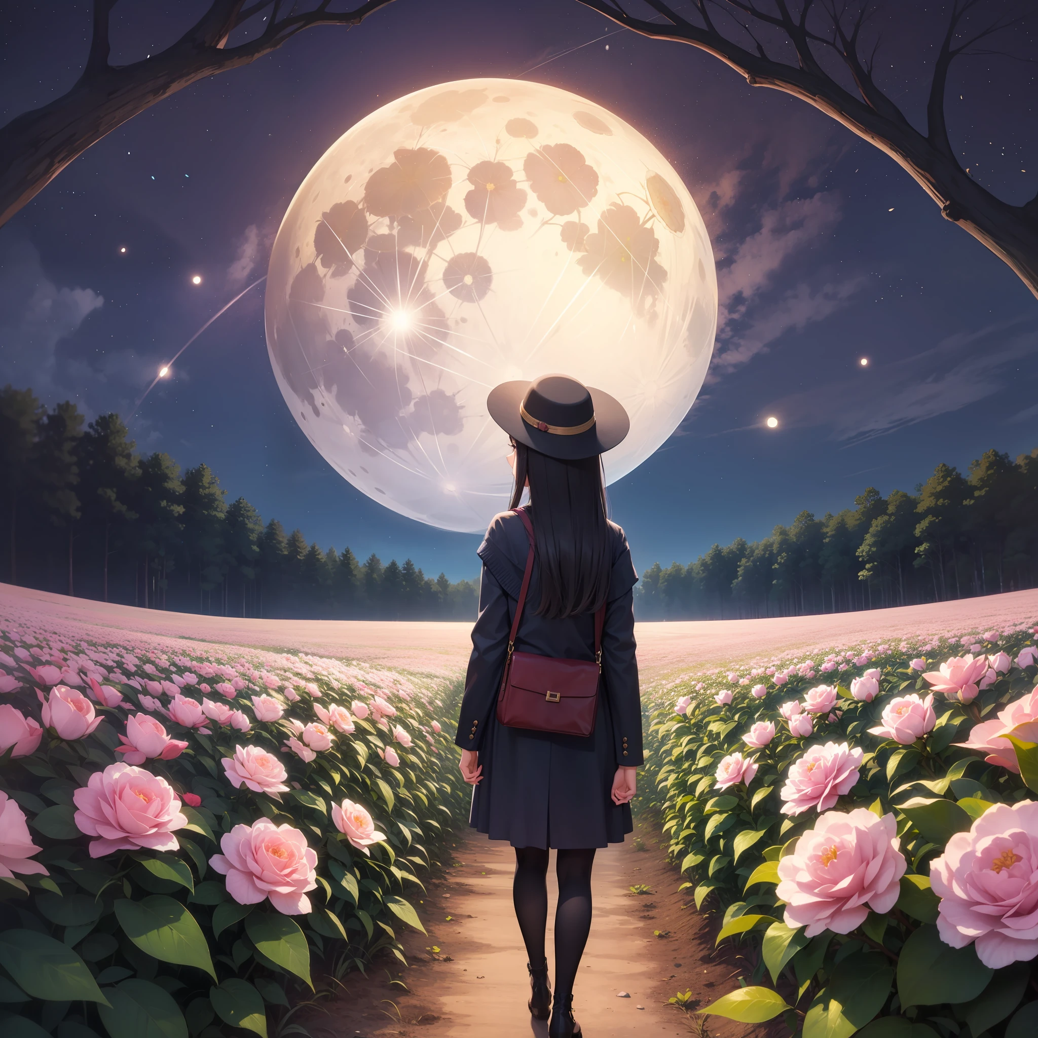 Woman looking at full moon in flower field of oyster camellia