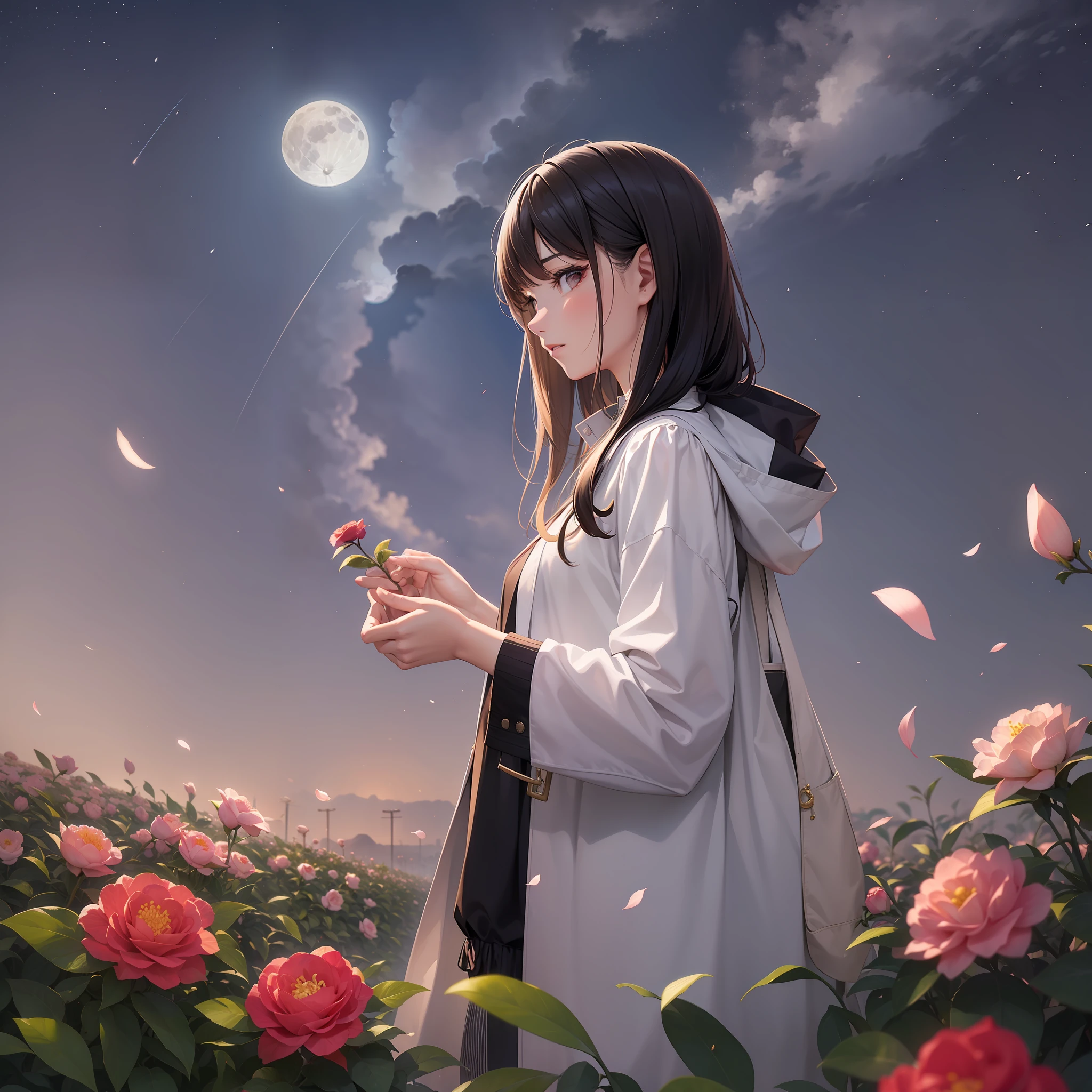 Woman looking at full moon in flower field of oyster camellia