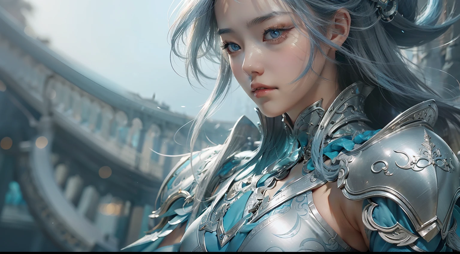 a close up of a woman in a women in a silver and blue dress, chengwei pan on artstation, by Yang J, detailed fantasy art, stunning character art, fanart best artstation, epic exquisite character art, beautiful armor, extremely detailed artgerm, Detailed digital anime art, Artgerm on ArtStation Pixiv, armor girl,Faraway view