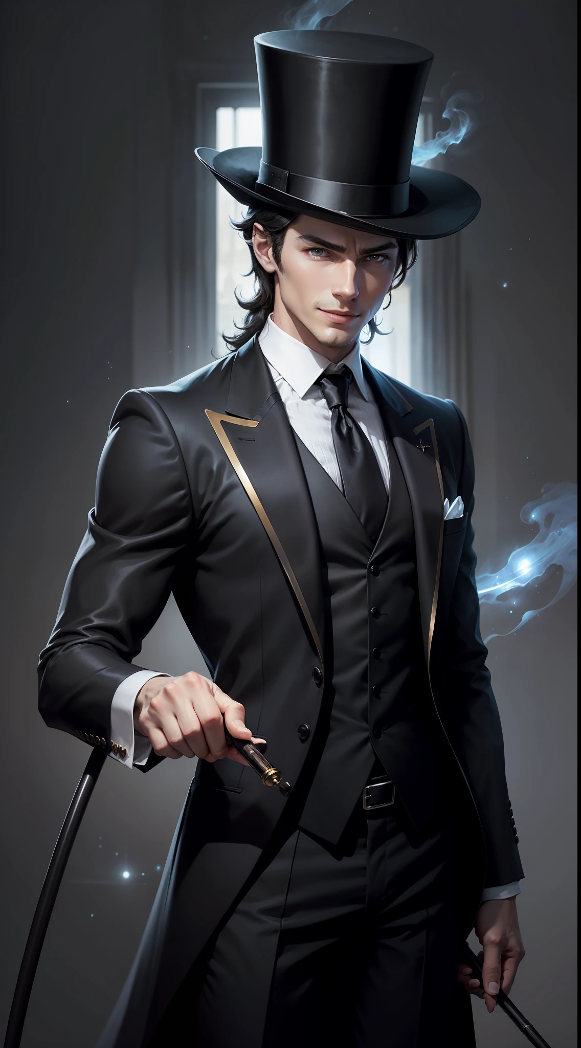 Brunette man，Black top hat，In black suit，blueneyes，holding cane，Tall，Cold，anime figure，Evil smile，starryskybackground