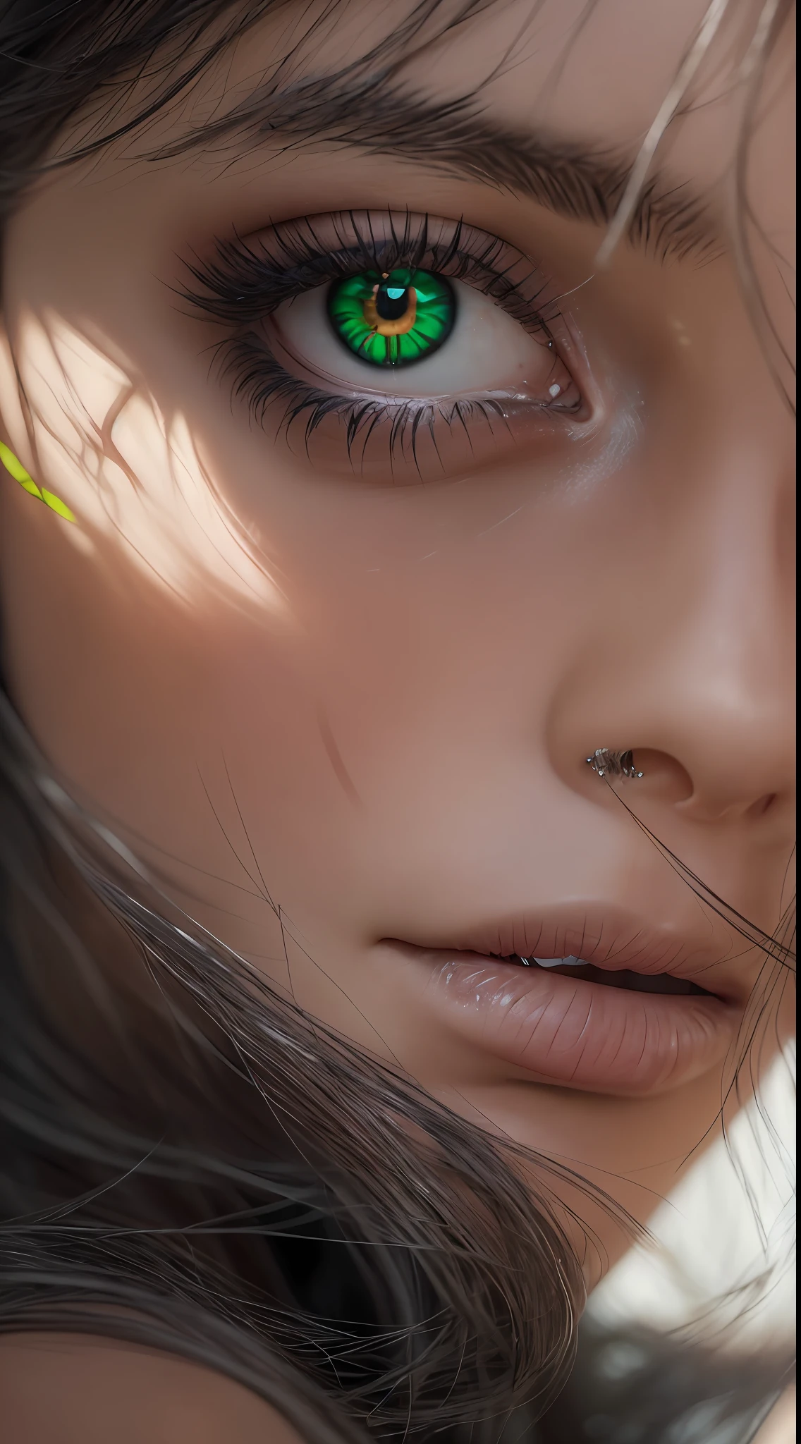 An extremely closeup of a 30 years old girl's face. Her piercing green eyes gaze directly into the camera, drawing the viewer in with their intensity. The faintest hint of a smile tugs at the corner of her lips, revealing a mysterious aura. Her complexion is illuminated with soft, natural light, enhancing her natural beauty. Strands of her dark, lustrous hair frame her face, adding a touch of elegance to the shot. The image captures a moment of vulnerability and strength, evoking curiosity about the stories hidden behind those eyes. Photo taken by Rankin with a Sony Alpha 1, Studio lighting, and Colored gels, 8K, Ultra-HD, Super-Resolution.