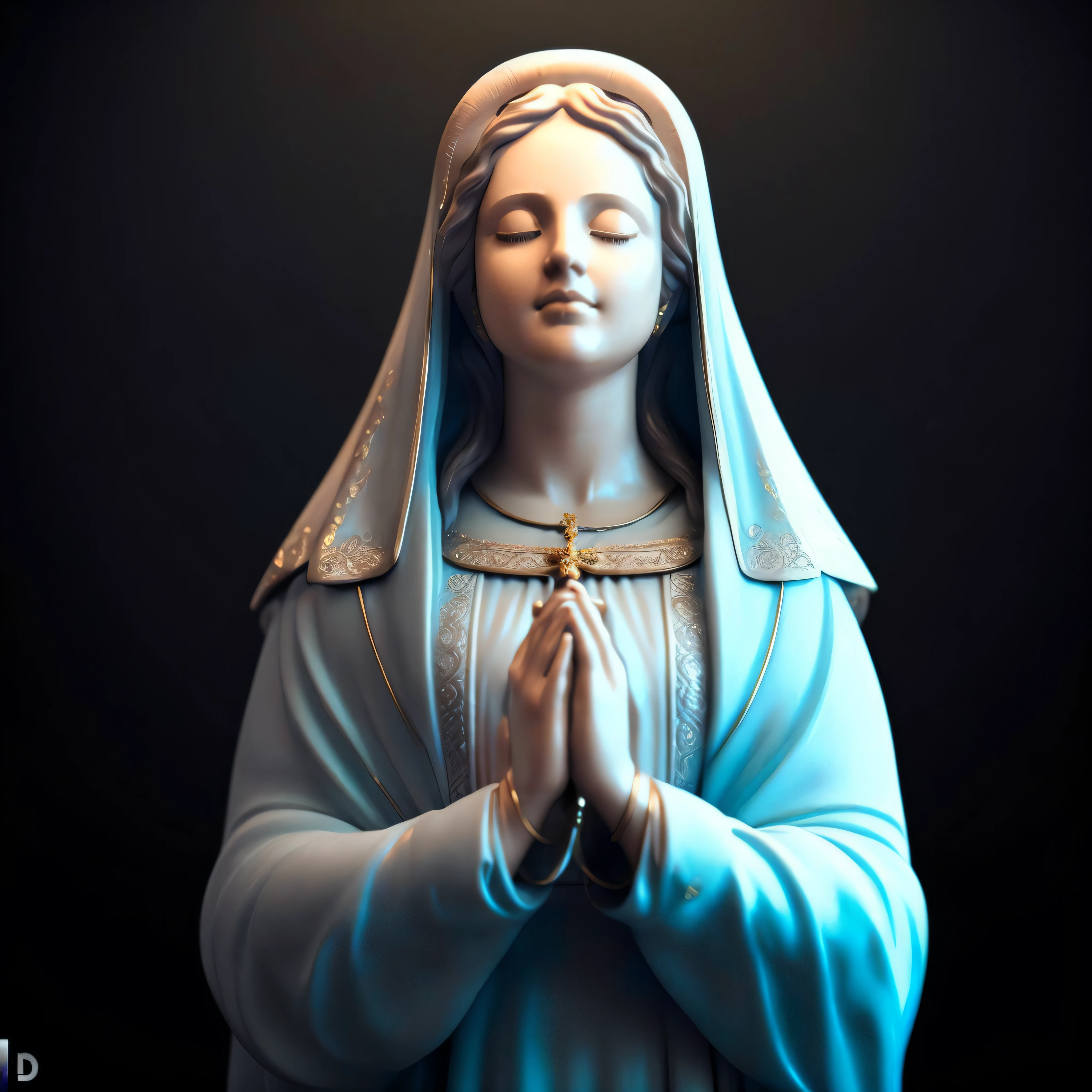 Un primer plano de una estatua de una mujer con los ojos cerrados, virgin mary, Majestuosa Santa Mujer, portrait of virgin mary, Reina del Cielo, catholic religious art, 3 D Retrato de la Diosa, mary in a sanctuary, Renderizado del motor irreal + una diosa, por Eddie Mendoza, Escultura realista de 8K Bernini, Arte renderizado, Arte religioso, Escultura religiosa