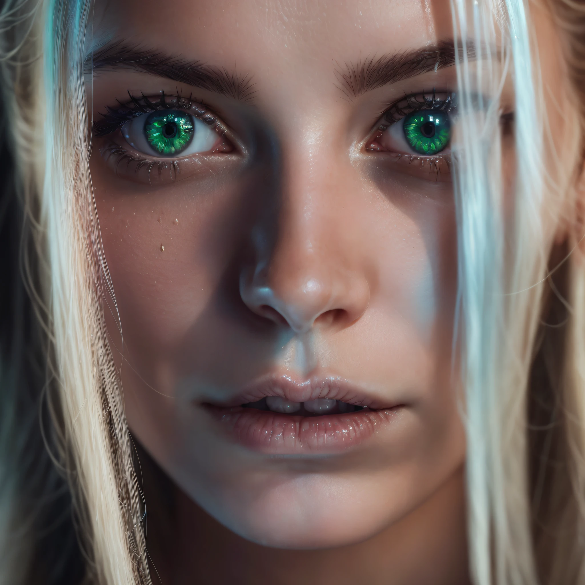 An extremely closeup of a 30 years old girl's face. Her piercing green eyes gaze directly into the camera, drawing the viewer in with their intensity. The faintest hint of a smile tugs at the corner of her lips, revealing a mysterious aura. Her complexion is illuminated with soft, natural light, enhancing her natural beauty. Strands of her dark, lustrous hair frame her face, adding a touch of elegance to the shot. The image captures a moment of vulnerability and strength, evoking curiosity about the stories hidden behind those eyes. Photo taken by Rankin with a Sony Alpha 1, Studio lighting, and Colored gels, 8K, Ultra-HD, Super-Resolution.