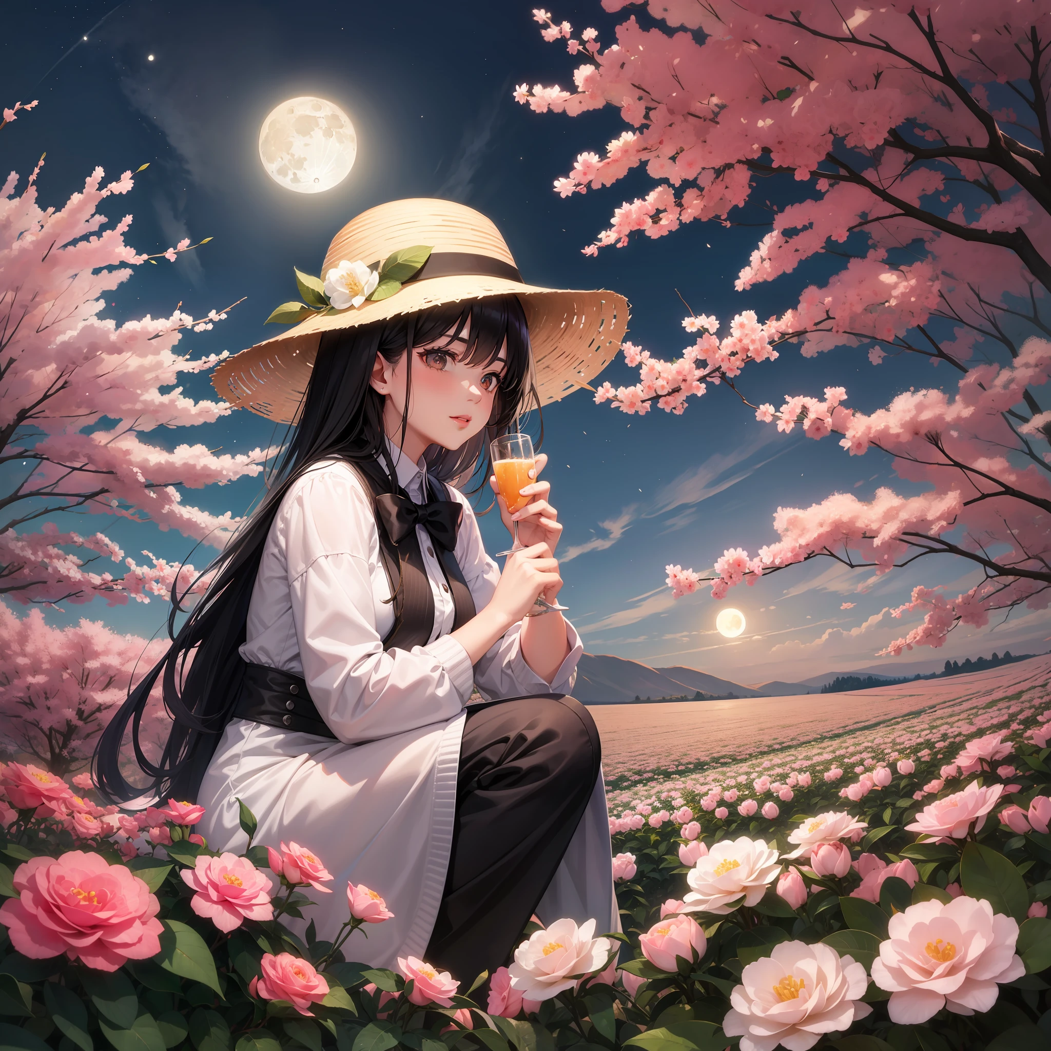Woman looking at full moon in flower field of oyster camellia