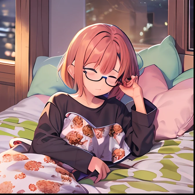 Best Quality, masterpiece, 1girl in, Solo, black-framed eyewear, pink orange hair, Brown eyes, Short bob hair, Flat_Chest, pajamas, laying down on the bed, Sleeping, Closed eyes, (Night:1.5),