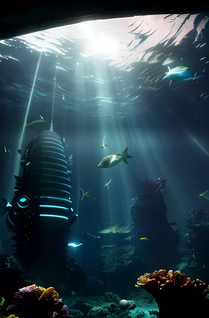 ((Masterpiece, Best quality)), 8K, modern architectural style, photographrealistic, hyperedetailed photo,In the deep sea, There are fish swimming overhead,futuristic cities, cyber punk perssonage,