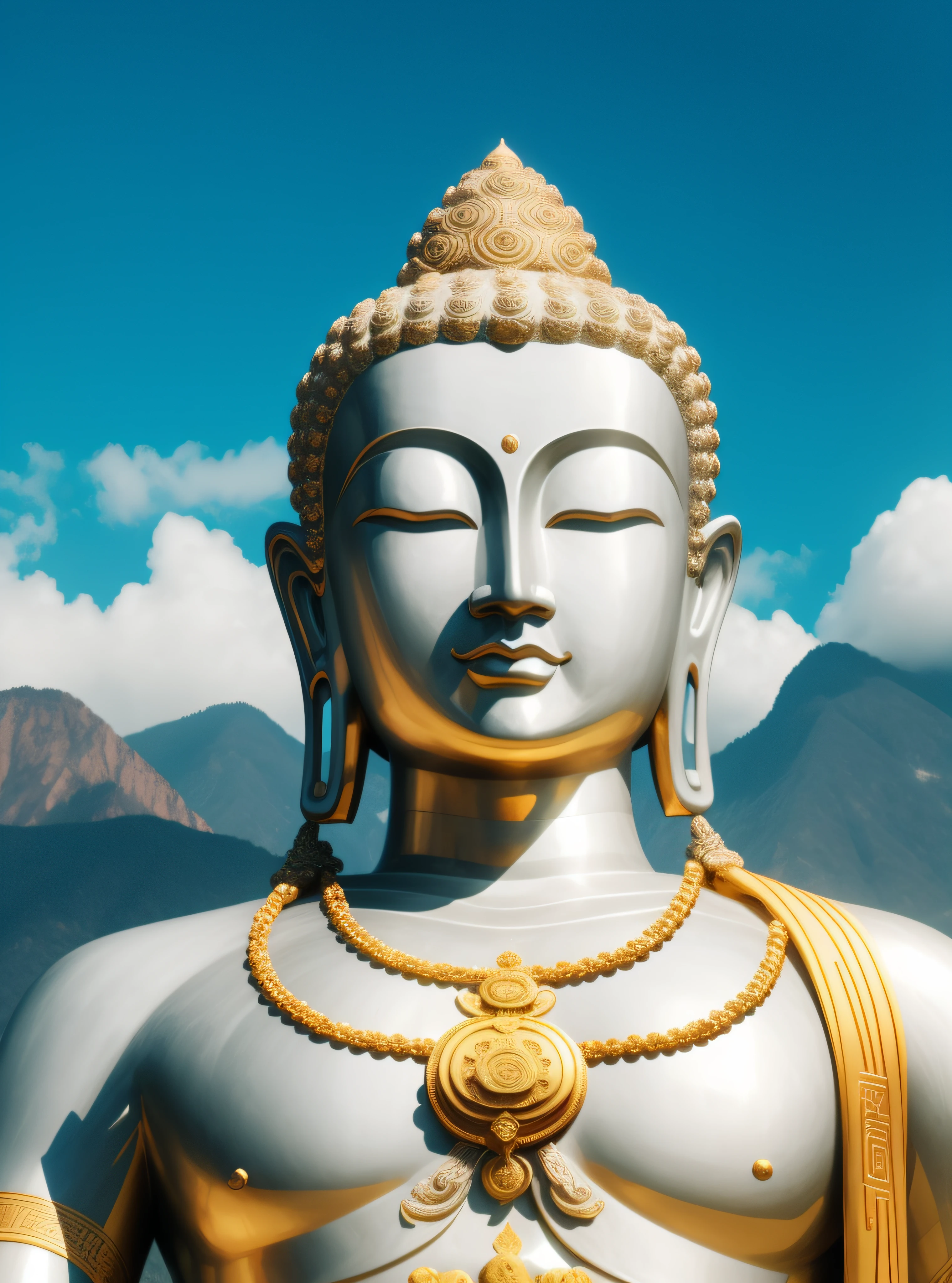 The Buddha statue sits on a reef by the sea, a Buddhist Buddha, Buddhist, Buddhism, Buddha, bodhisattva, attractive male deity, buddhist art, author：Shen Zhecai, Guanyin, Beautiful image, beautiful gold saint, By Shen Quan, samsara, An ancient, enlightening, Lotus, golden sacred tree ，portrait of monk, facing to audience，Put your hands together in front of your chest，Meditate，Live-life ratio， Dressed in solemn Buddhist robes，tsukasa dokite, masakazu katsura,Huge mud Buddha statue，Put your hands together in front of your chest， Dressed in a solemn red Buddhist robe，Put your hands together in front of your chest， Dressed in solemn Buddhist robes，In the state of Zen，a massive celestial giant god，buddhist architecture，A spectacular and solemn scene，The stonework，Copper surface，Made of red copper，Clear lines，High- sharpness，Real shooting，8K quality。, photograph taken in 2 0 2 0,4096， Buddhism, a massive celestial giant god,Buddha statue of Shakya Rulai,Put your hands together in front of your chest， Dressed in solemn Buddhist robes，floating in a powerful zen state, it is very huge, Mesmerizing and imposing ，photograph taken in 2 0 2 0, The stonework，Copper-colored face，Copper-colored facial skin，Copper-colored facial fullness, peaceful expression，Clear lines，High- sharpness,Realphotos，8K quality，hyper HD ，Don't show your muscles，Don't show your muscles，Don't show your muscles，Don't show your muscles，blue sky and white clouds on the background