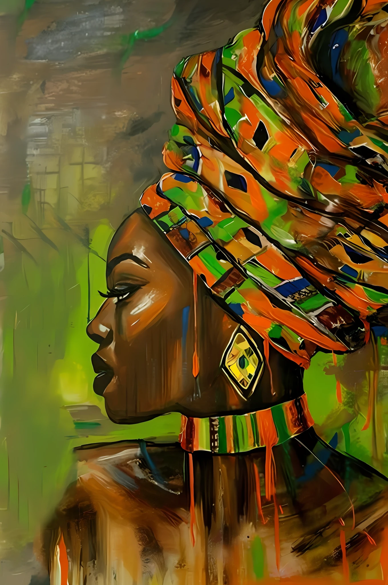 pintura de uma mulher com um cocar colorido e um fundo verde, Rainha Africanoa, mulher Africanoa, Artes Africanas, beautiful artwork, arte bonita, Africano, magia negra, Princesa Africana, Beautiful, Princesa negra Africanoa, Directed by: Chinwe Chukwuogo-Roy, mulher negra, beleza tradicional, extremamente bonito, obras de arte impressionantes, mulher linda, mulher afro-americana, uma mulher bonita