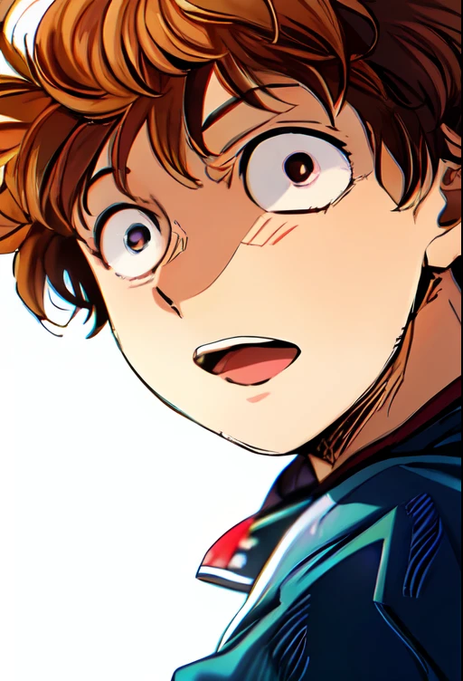 a anime of a boy manga, shocked, brown hair color, jacket, open mouth, color manga, manga color, color manga, color manga panel, simple background