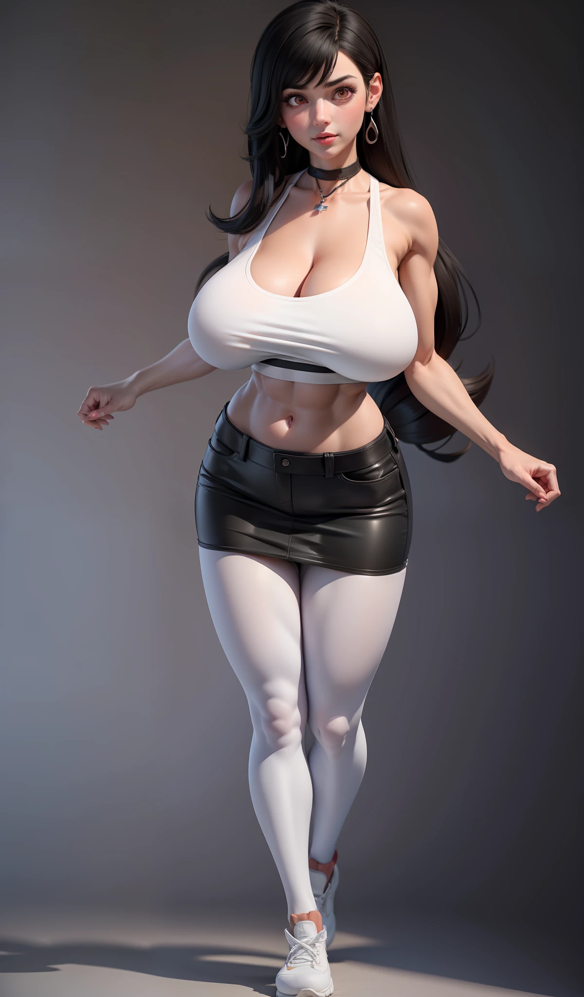 masterpiece, best quality,3d rending work ,3DMM style,close-up, 3D,1girl, solo, black hair, teardropshaped earrings, realistic, (full body:1.5), urban city background, bangs, long straight black hair, parted lips, choker, makeup, (white sports bra:1.5), (red eyes), tifa lockhart, (huge breasts:1.5) enormous droopy breasts, macromastia, cleavage, exposed stomach, toned abs, toned arms, (black miniskirt1.2) stockings