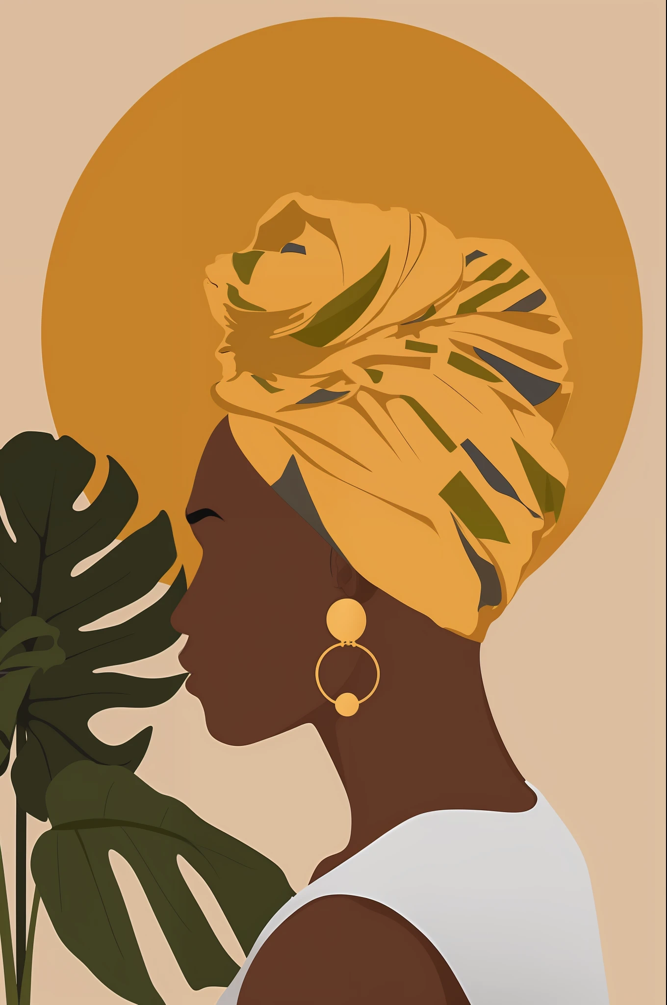 uma mulher com um turbante e uma folha grande, Rainha africana, mulher africana, afrocentric mysticism, cloth head wrap, padroeiro do 🛸🌈👩🏾, in illustration style digital, mulher negra, mulher afro-americana, beautiful artwork, Tons dourados, illustration style, usando um turbante, wearing a headscarf, pele escura deusa feminina do amor, mulher detalhada