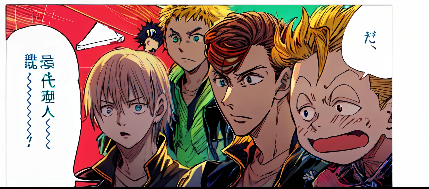 a anime of a boys manga, jacket, shocked, text manga, color manga, manga color, color manga, color manga panel, simple background